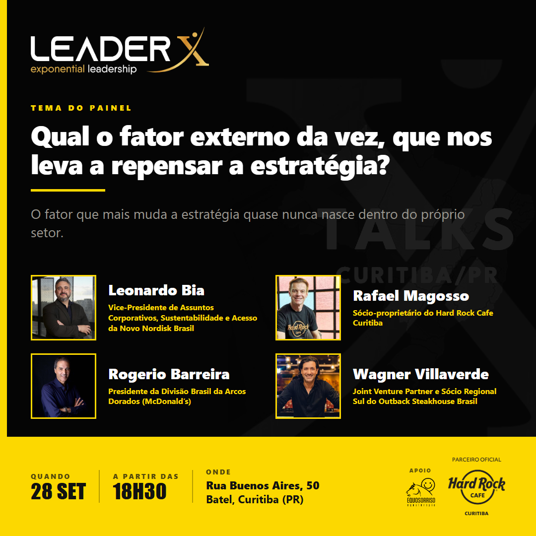 TALKS LeaderX, 28 de setembro de 2026, com Rafael Magosso e Rogerio Barreira, Hard Rock Cafe Curitiba, apoio Equosorriso